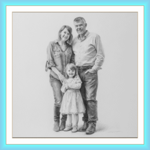 Retrato a carvão de família de 3 pessoas avós e neta, em pose corpo inteiro