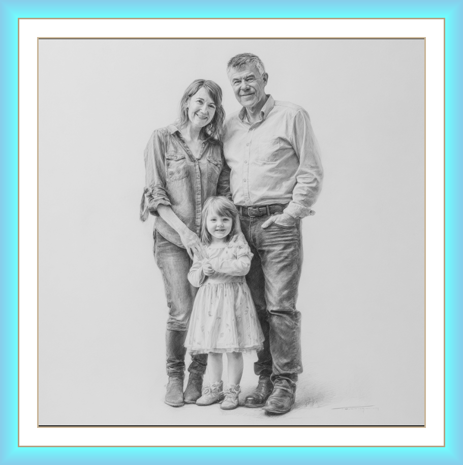 Retrato a carvão de família de 3 pessoas avós e neta, em pose corpo inteiro