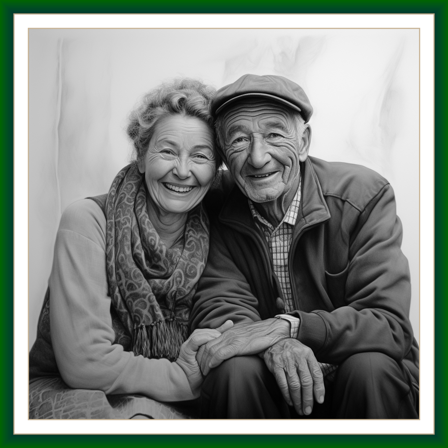 Pintura | Desenho | Retrato pintado a carvão de um homem e uma mulher sorrindo