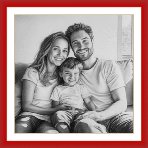 Pintura de Retrato pintado a carvão por foto da família em pose meio corpo com 3 pessoas