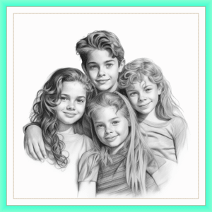 Retrato a carvão de 4 pessoas na pose cabeça e ombros