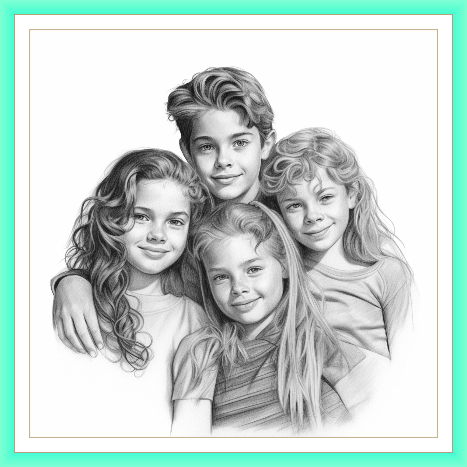 Retrato a carvão de 4 pessoas na pose cabeça e ombros