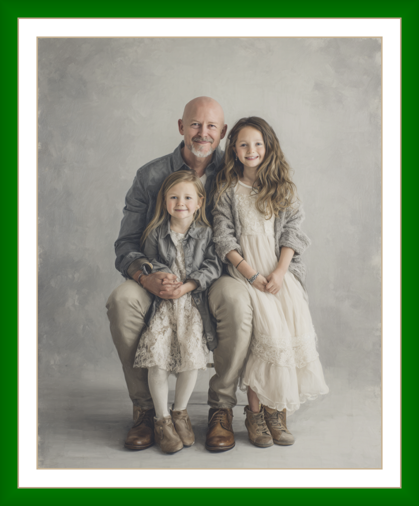 Retrato a óleo corpo inteiro de pai e duas filhas