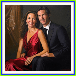 Retratos a óleo de um homem e uma mulher sentados juntos na pose de meio corpo