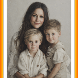 Retrato a óleo meio corpo de mãe e dois filhos