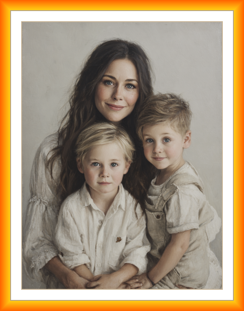 Retrato a óleo meio corpo de mãe e dois filhos