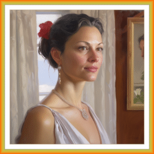 Prenda para mulher | Pintura | Desenho | Retrato a óleo de uma mulher com uma flor vermelha no seu cabelo