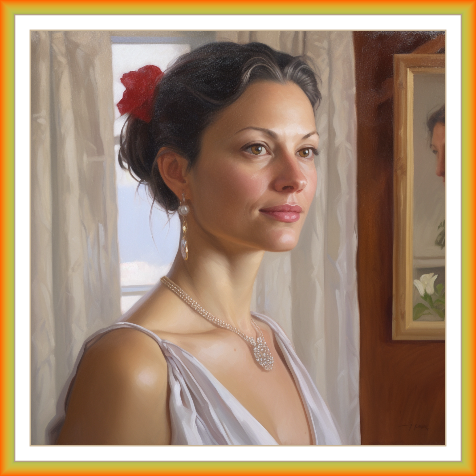 Prenda para mulher | Pintura | Desenho | Retrato a óleo de uma mulher com uma flor vermelha no seu cabelo