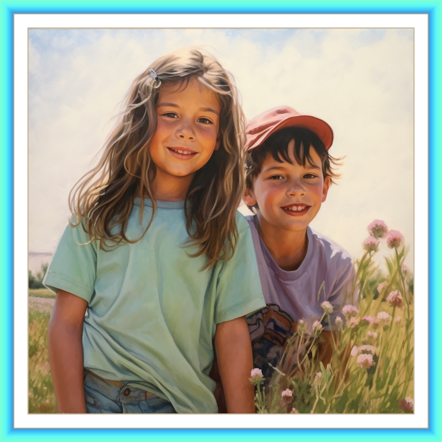 Pintura personalizada - A prenda | prendas | presente | presentes de aniversário original | originais personalizada | personalizadas | personalizado | personalizados | personalizada | personalizadas | personalizado | personalizados ideal para o seu ente querido. Pintura | Desenho | Retrato | Retratos pastel de um menino e menina em pé num campo